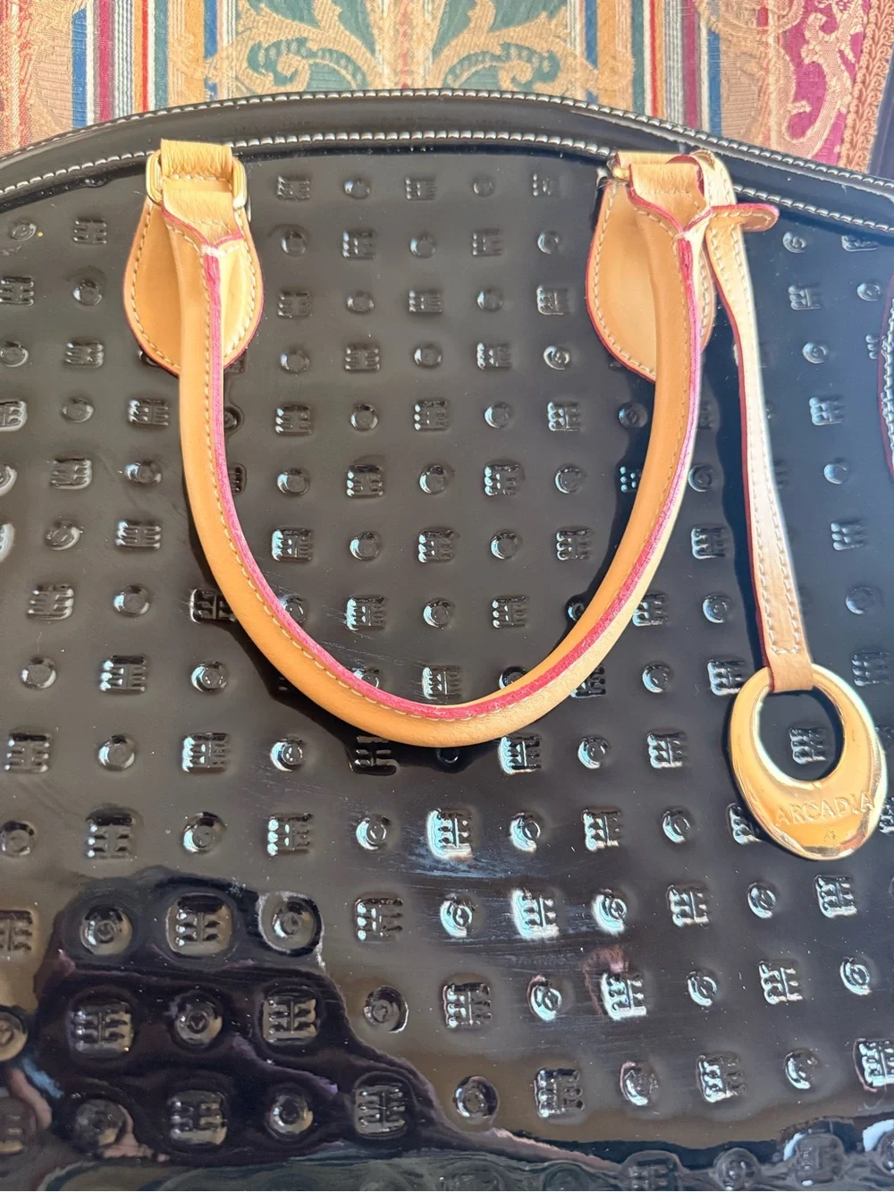 Arcadia Black Patent Tote with Tan Trim and Handles